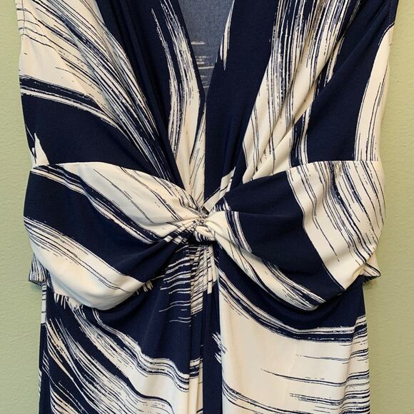 Eliza J Dress Women 2 Cream Blue Jersey Maxi V-Neck Tie Waist Stretch Sleeveless - Picture 6 of 11